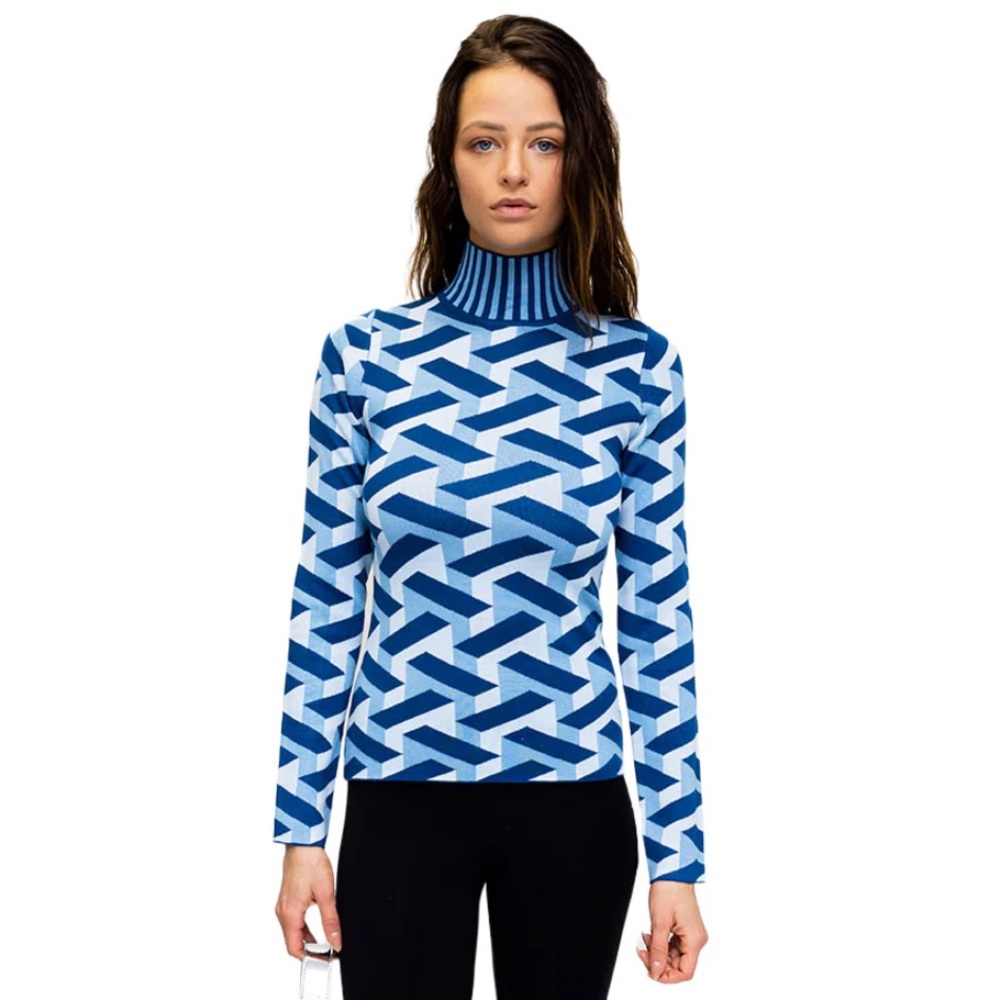 NWT Ronny Kobo $128 Geometric Blue and White Turtleneck Sweater Size Small